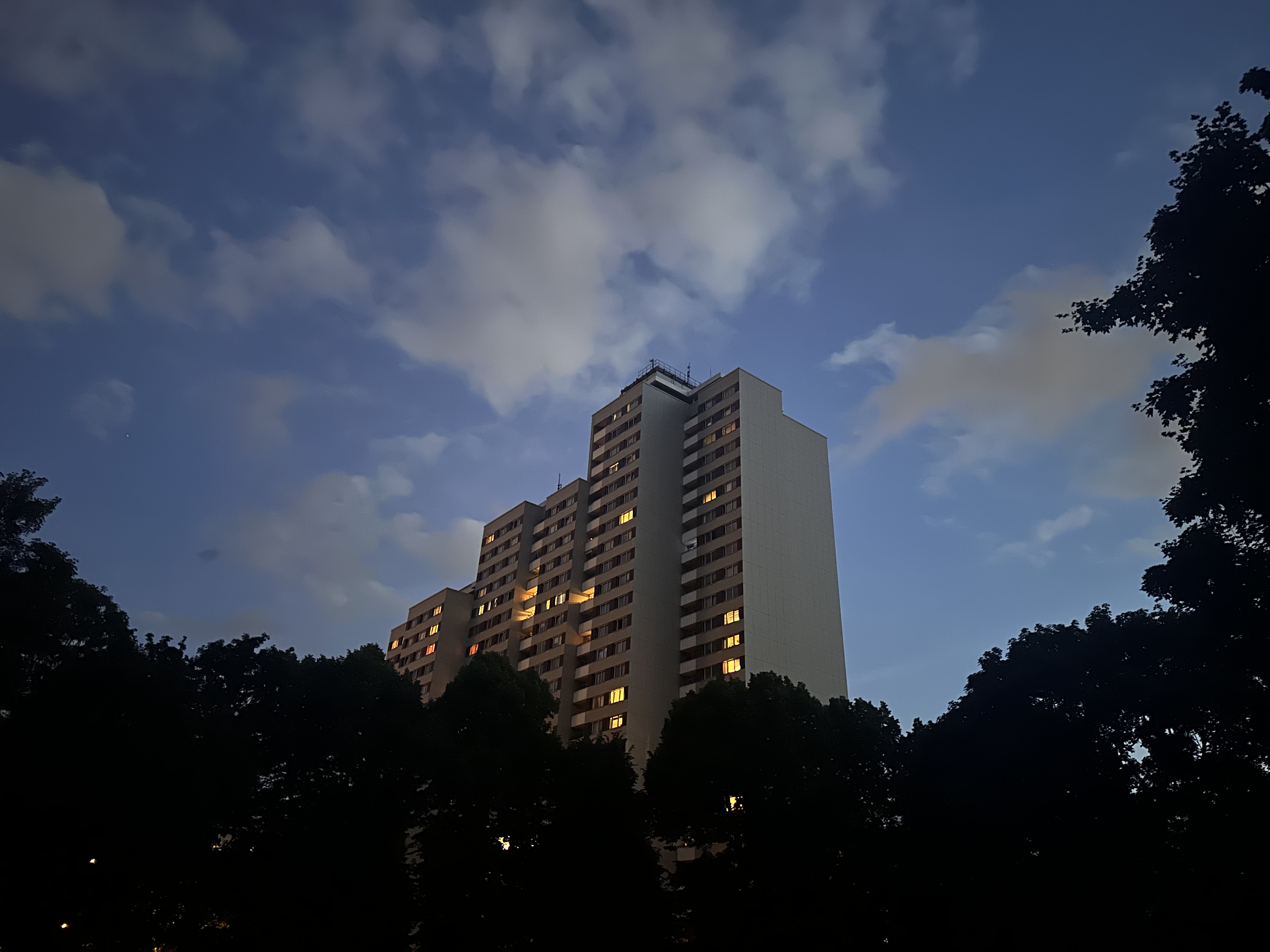a building framed between trees